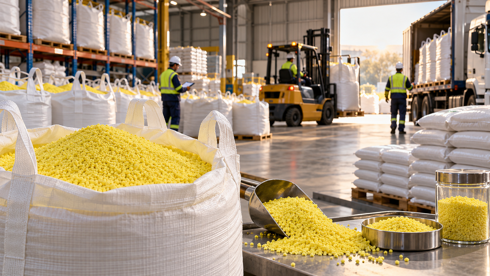 Sulfur and fertilizer products in a commercial warehouse