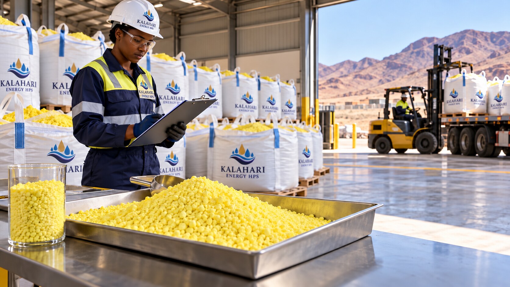 Sulfur granules undergoing quality inspection in a commercial warehouse